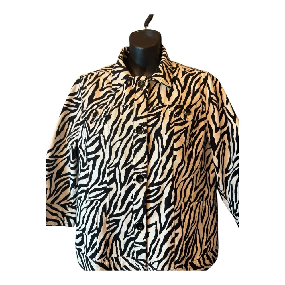 Chico's  Women's Size 2 (Ladies‎ 12) Zebra Black & White Print Jacket Button Up - Picture 3 of 14
